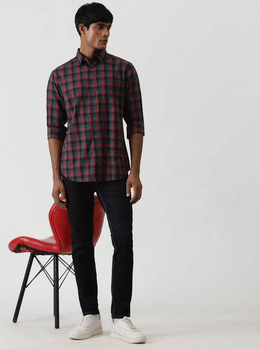 Red Checked Slim Fit Casual Shirt | Greenfibre