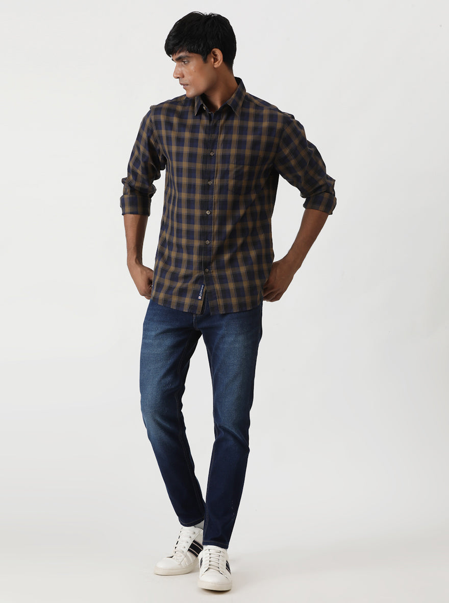 Blue Checked Slim Fit Casual Shirt | Greenfibre