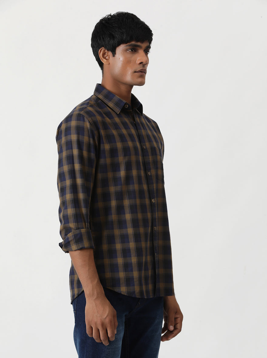 Blue Checked Slim Fit Casual Shirt | Greenfibre