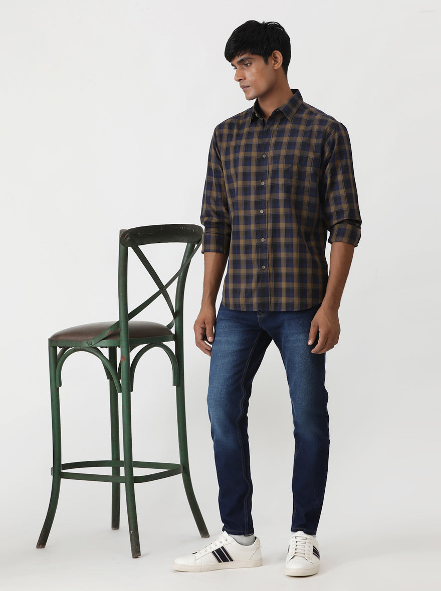 Blue Checked Slim Fit Casual Shirt | Greenfibre