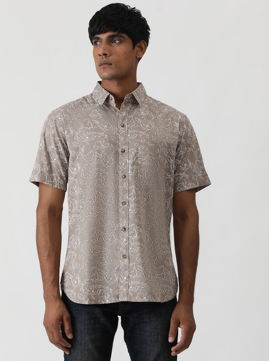 Brown Printed Slim Fit Casual Shirt | Greenfibre