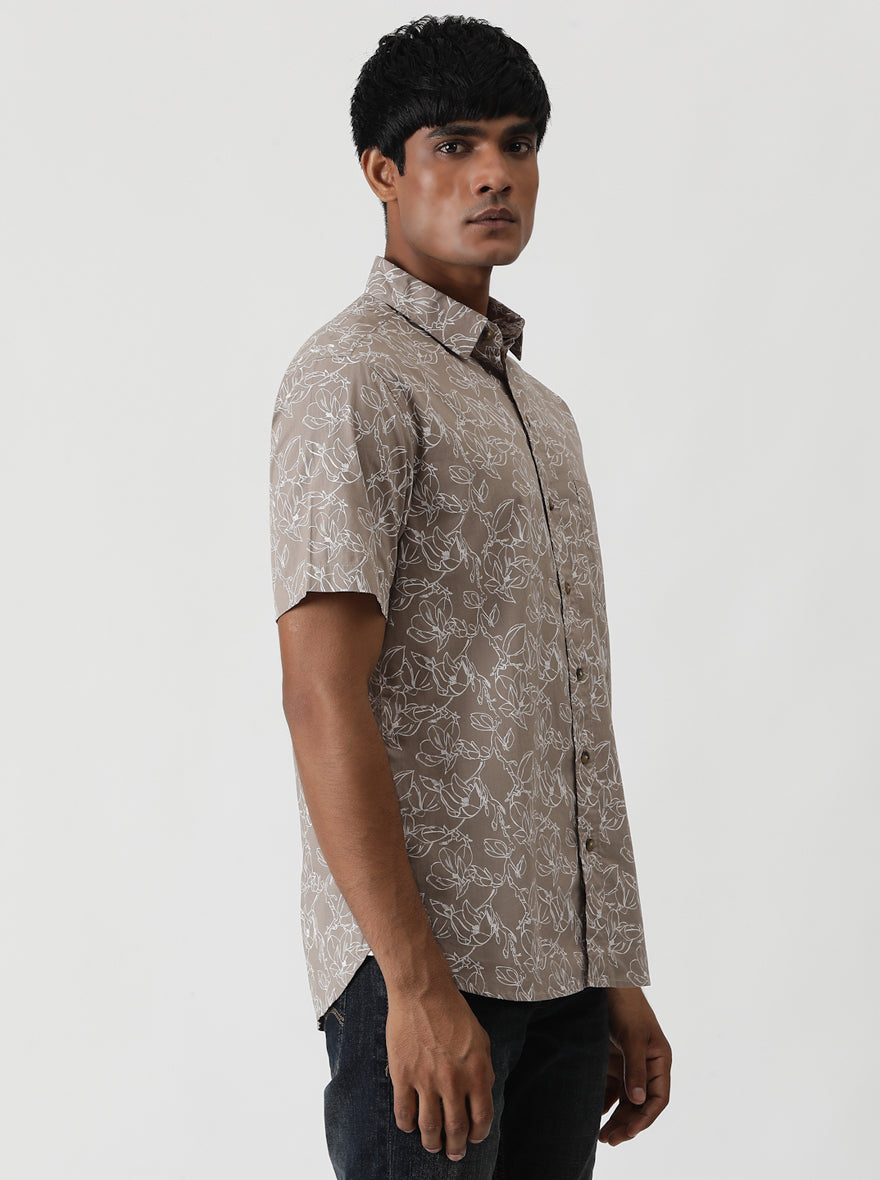 Brown Printed Slim Fit Casual Shirt | Greenfibre