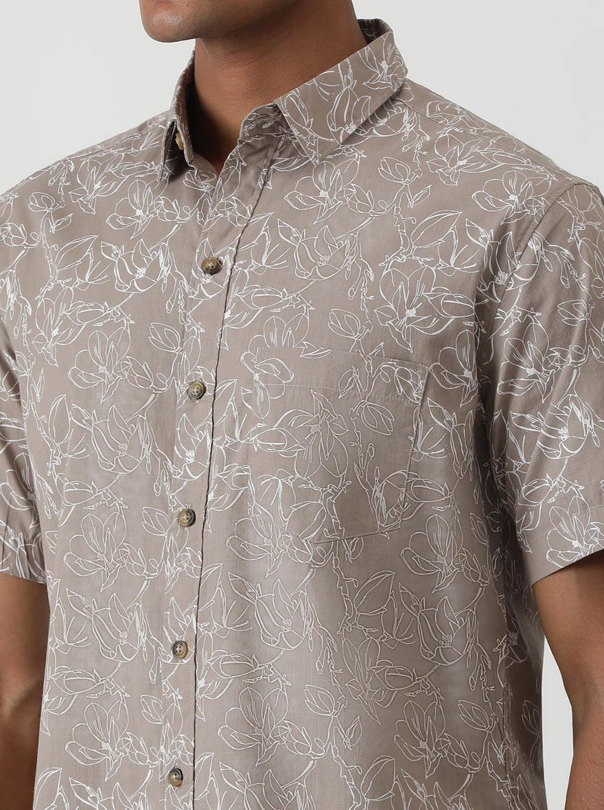 Brown Printed Slim Fit Casual Shirt | Greenfibre