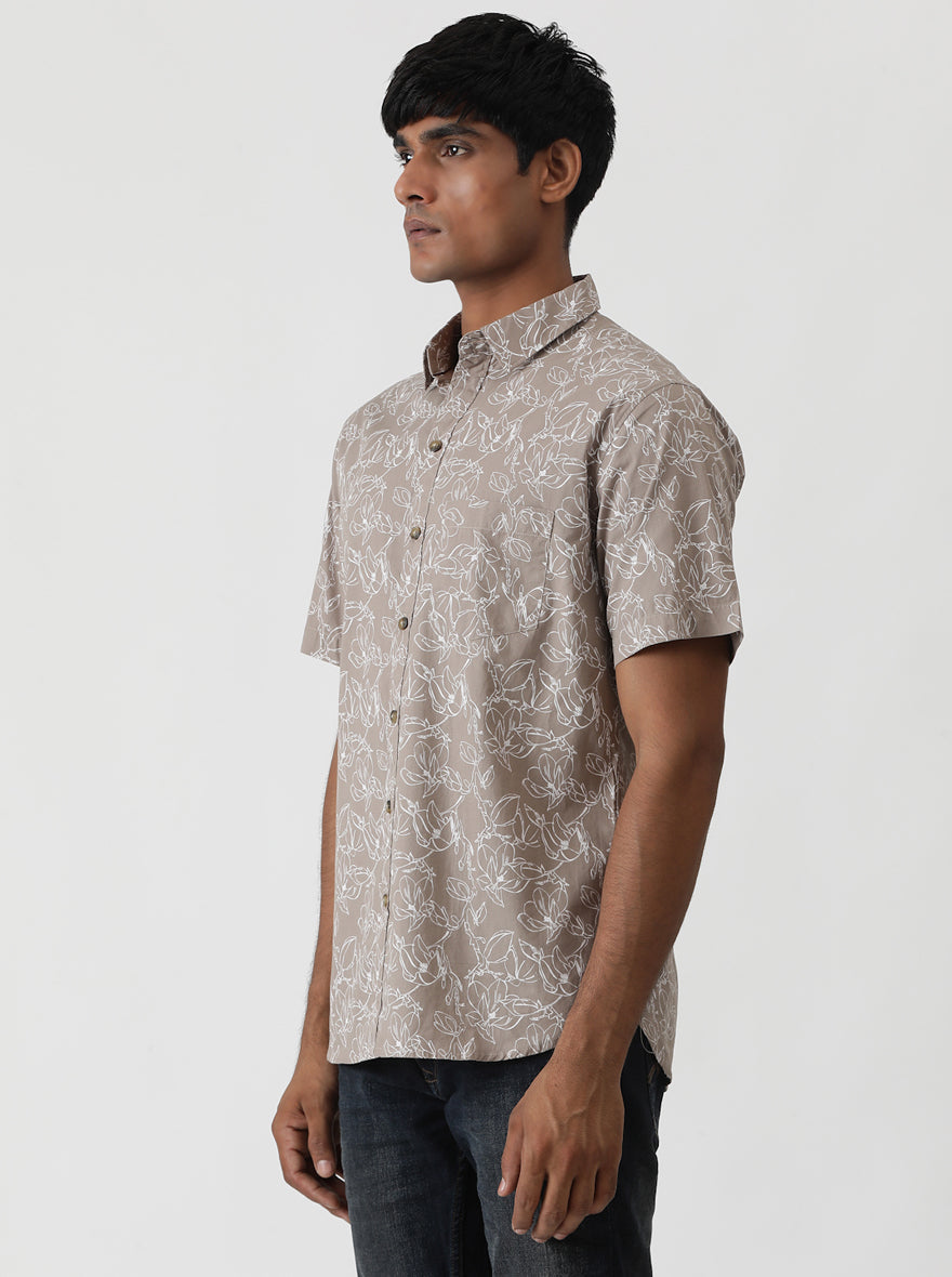 Brown Printed Slim Fit Casual Shirt | Greenfibre