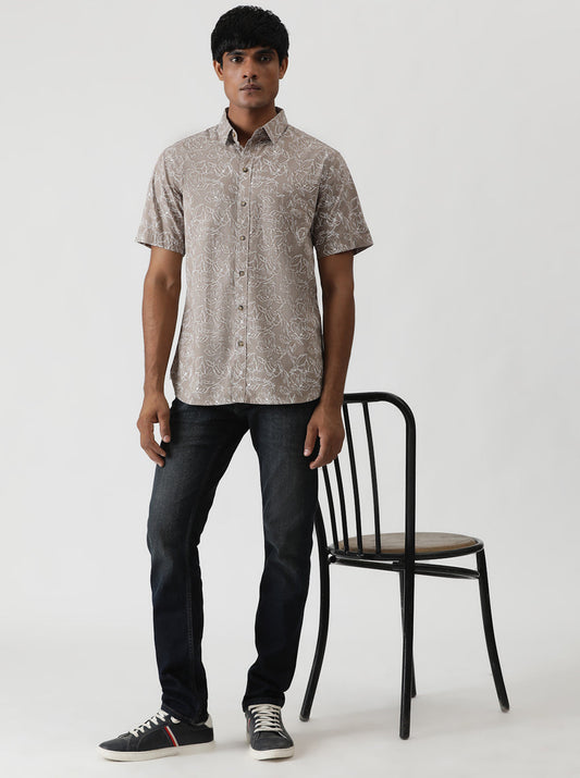 Brown Printed Slim Fit Casual Shirt | Greenfibre