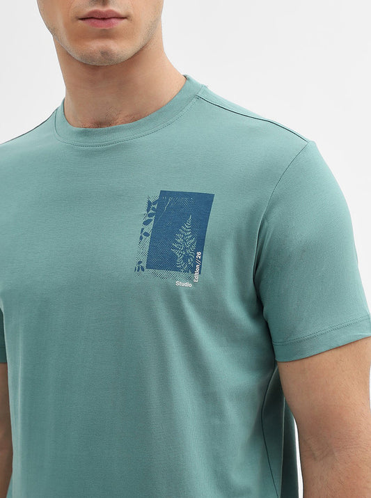 Sage Green Printed Slim Fit T-Shirt | Greenfibre