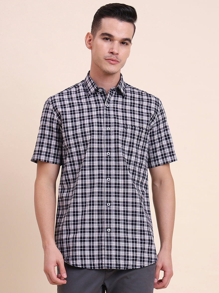 Navy Blue Checked Smart Fit Semi Casual Shirt | Greenfibre