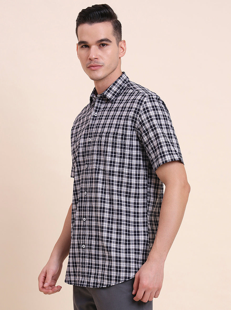 Navy Blue Checked Smart Fit Semi Casual Shirt | Greenfibre