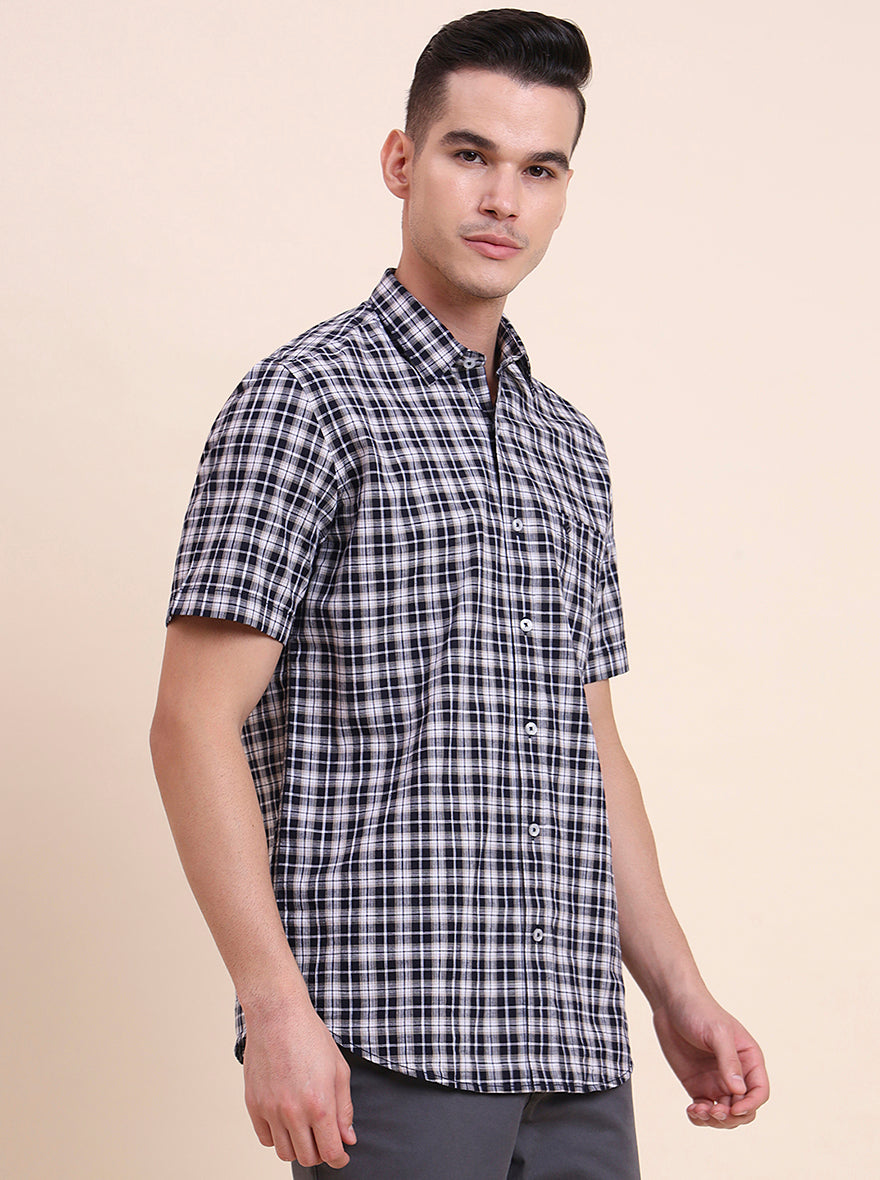 Navy Blue Checked Smart Fit Semi Casual Shirt | Greenfibre