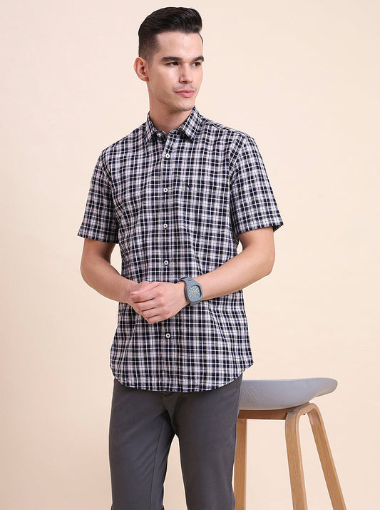 Navy Blue Checked Smart Fit Semi Casual Shirt | Greenfibre