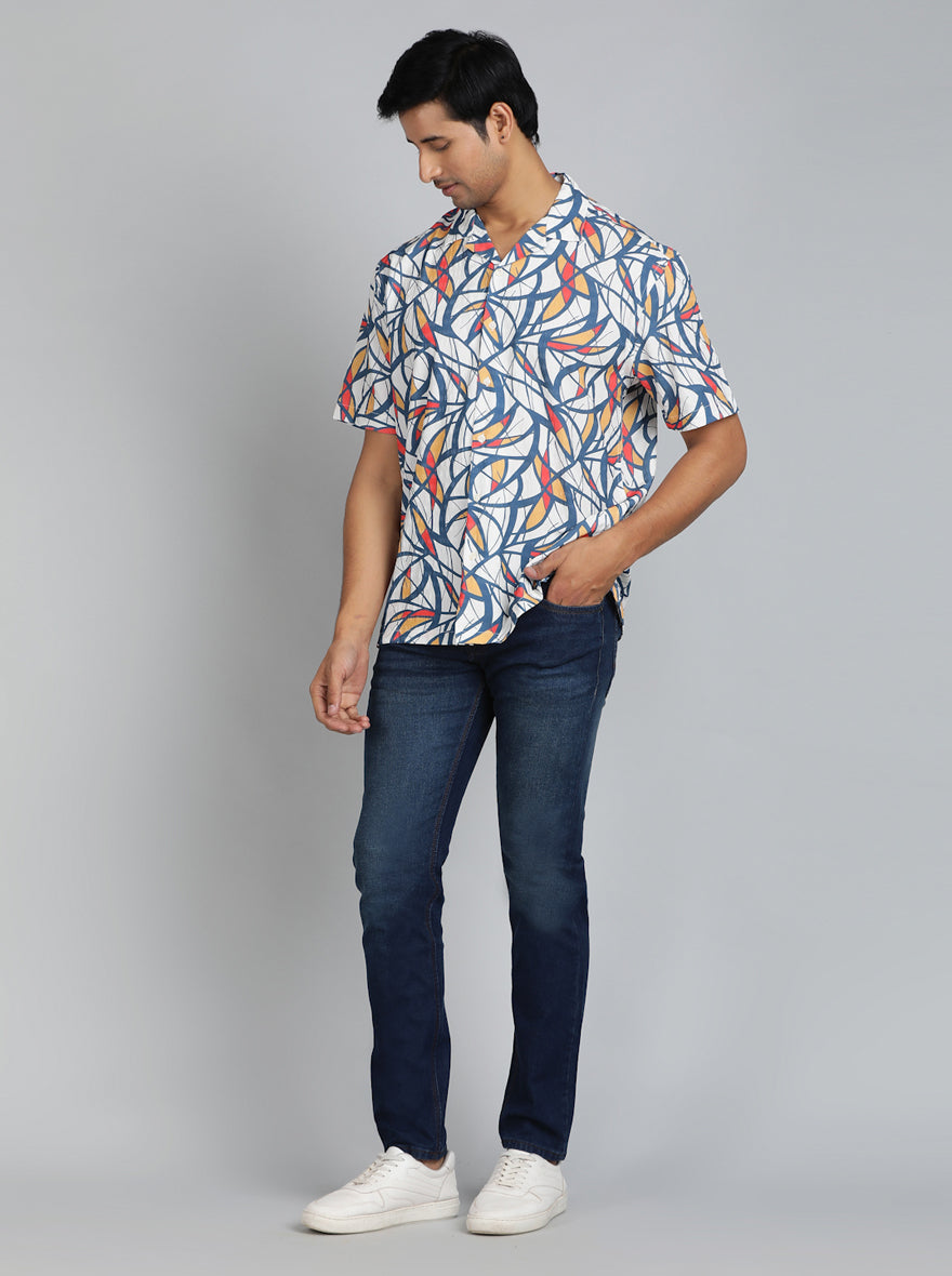 Blue Printed Slim Fit Casual Shirt | JadeBlue
