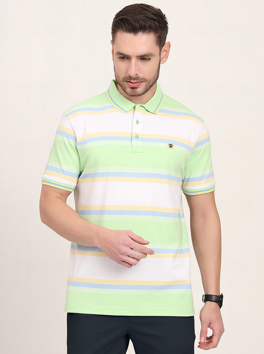 White & Green Striped Slim Fit Polo T-Shirt | JadeBlue