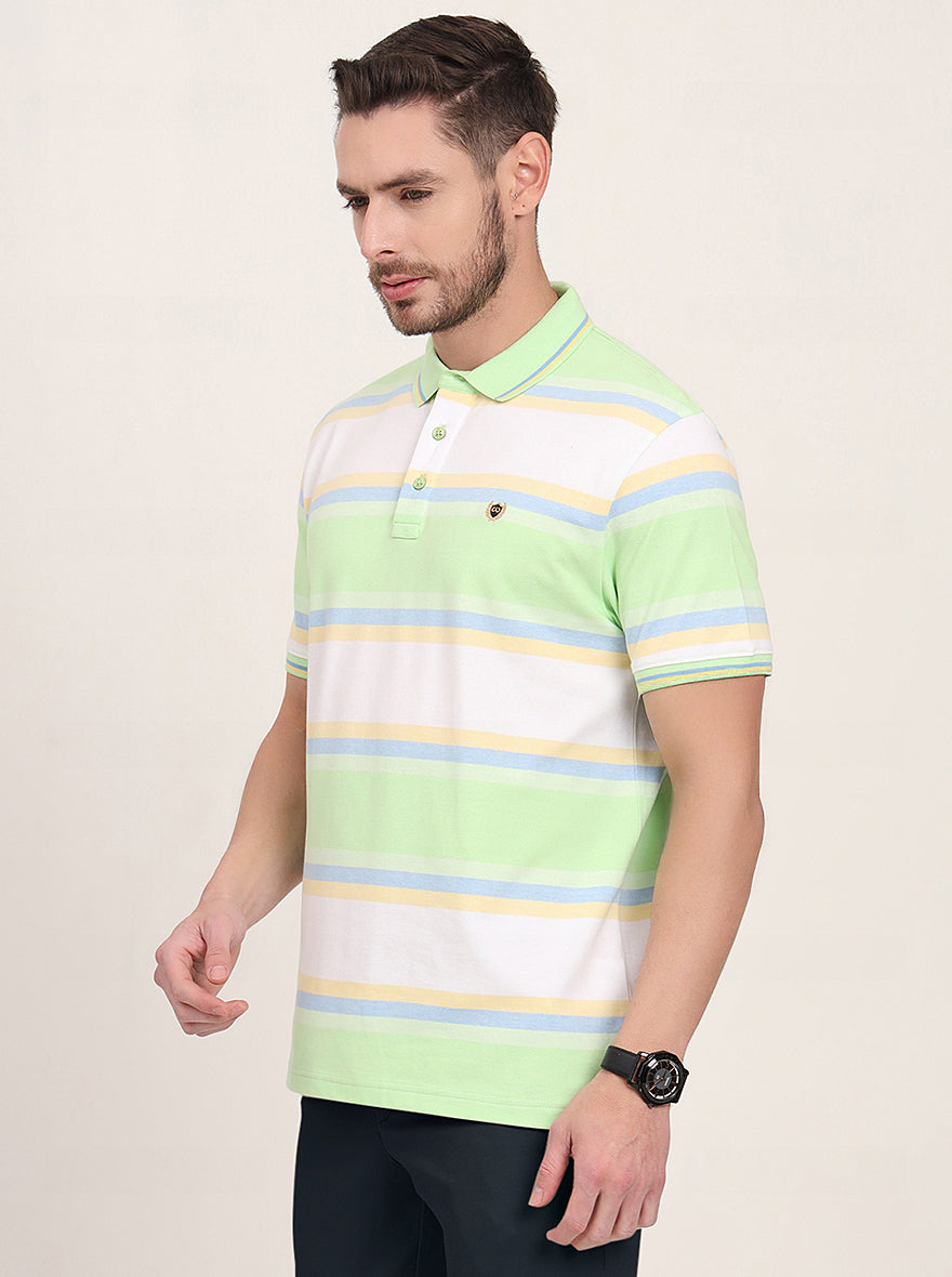 White & Green Striped Slim Fit Polo T-Shirt | JadeBlue