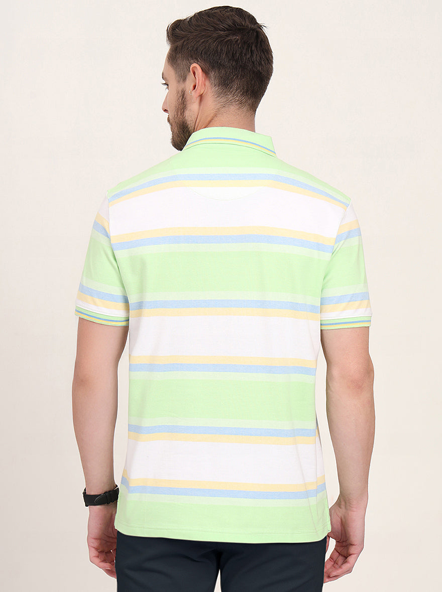 White & Green Striped Slim Fit Polo T-Shirt | JadeBlue