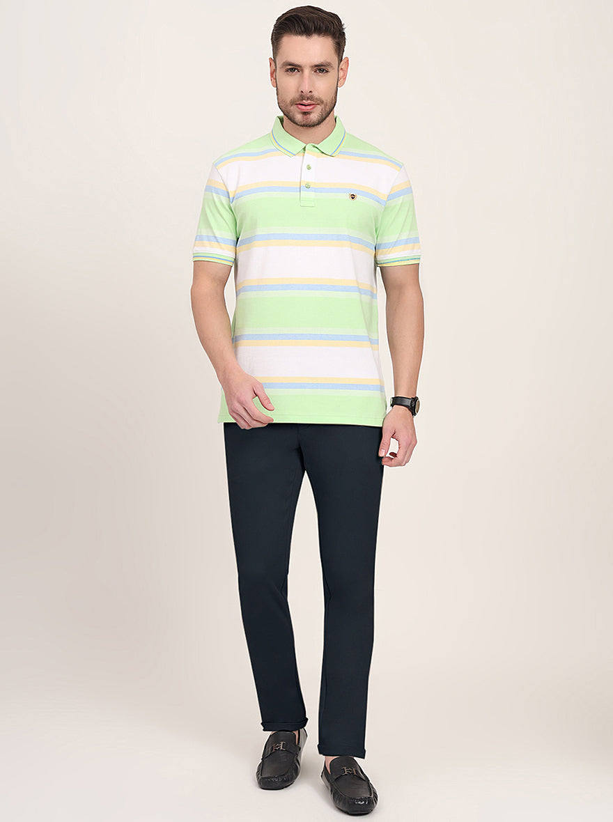 White & Green Striped Slim Fit Polo T-Shirt | JadeBlue
