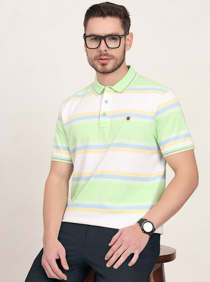 White & Green Striped Slim Fit Polo T-Shirt | JadeBlue