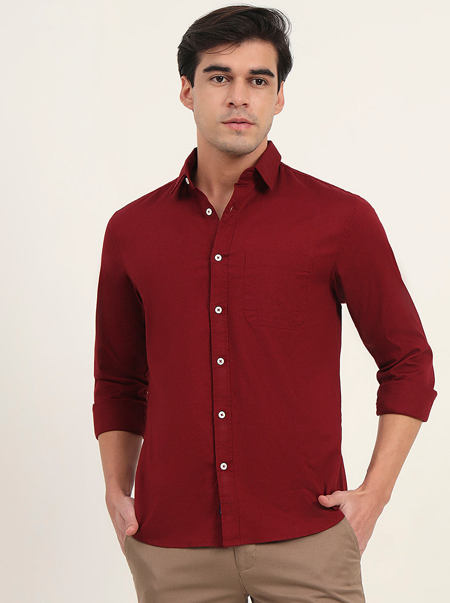 Maroon Solid Slim Fit Casual Shirt | Greenfibre