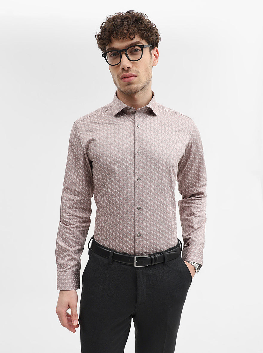Peach Printed Slim Fit Formal Shirt | Greenfibre