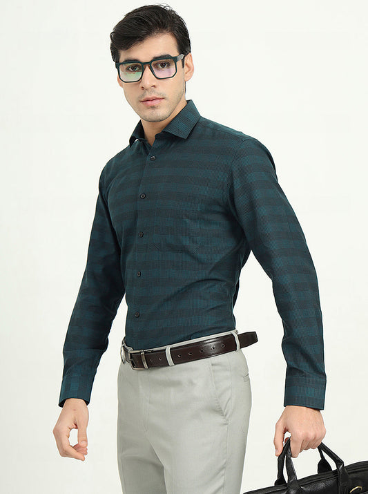 Teal Green & Black Checked Slim Fit Formal Shirt | Greenfire