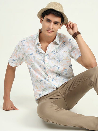 White & Orange Printed Slim Fit Casual Shirt | Greenfibre