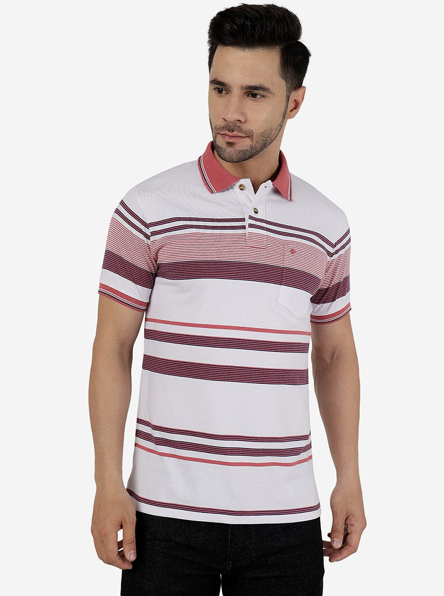 White & Pink Striped Slim Fit Polo T-Shirt | Greenfibre