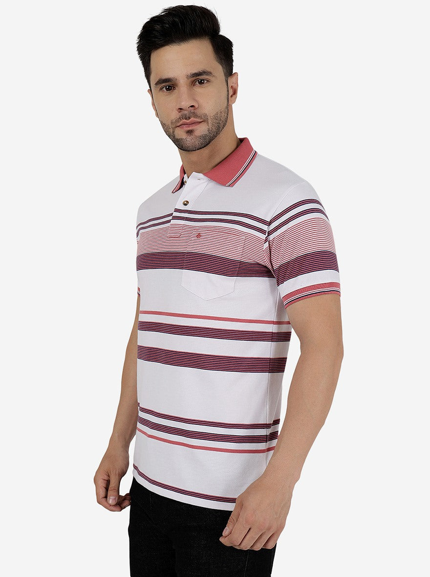 White & Pink Striped Slim Fit Polo T-Shirt | Greenfibre