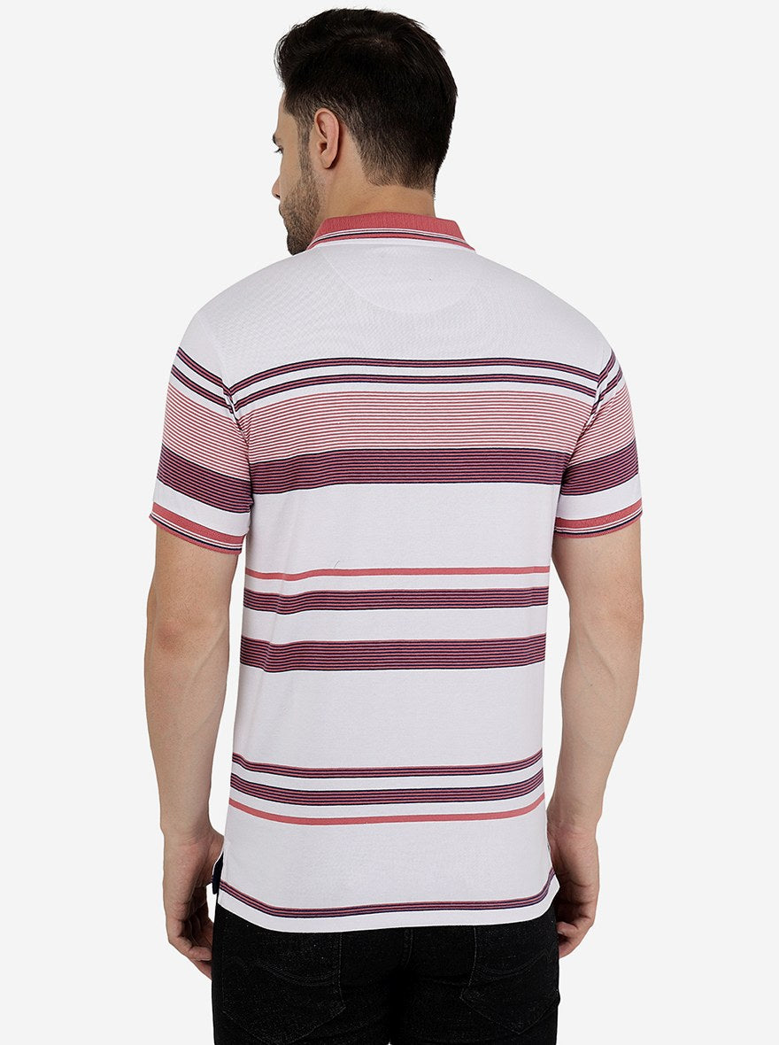 White & Pink Striped Slim Fit Polo T-Shirt | Greenfibre