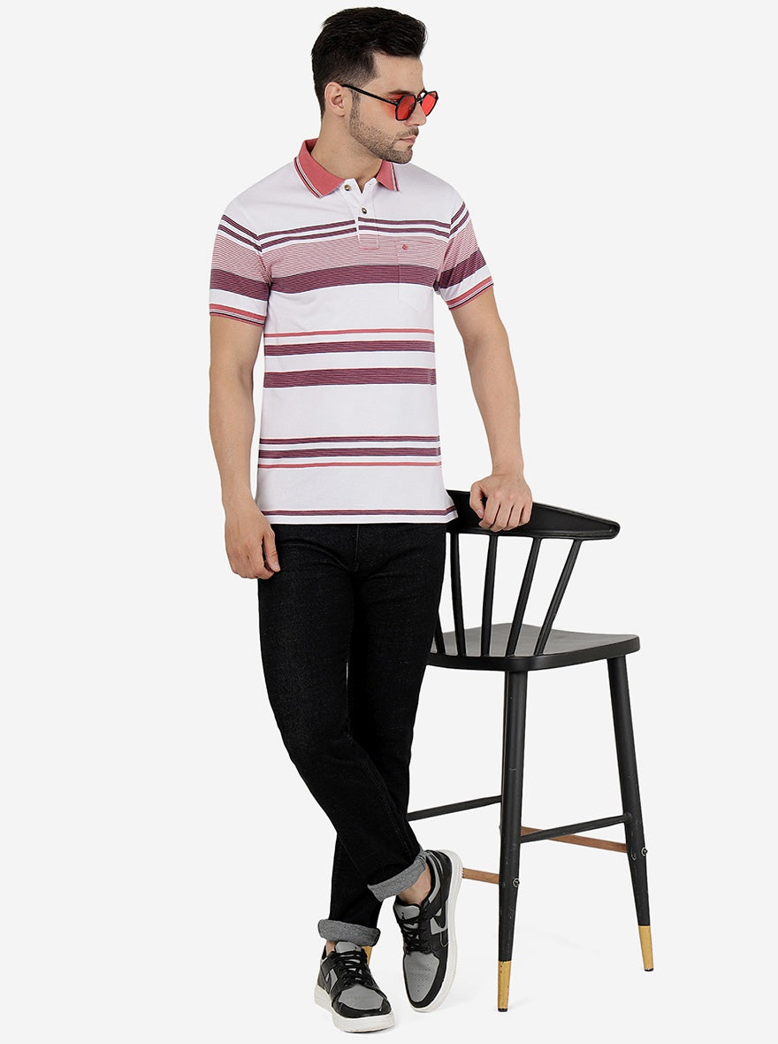 White & Pink Striped Slim Fit Polo T-Shirt | Greenfibre