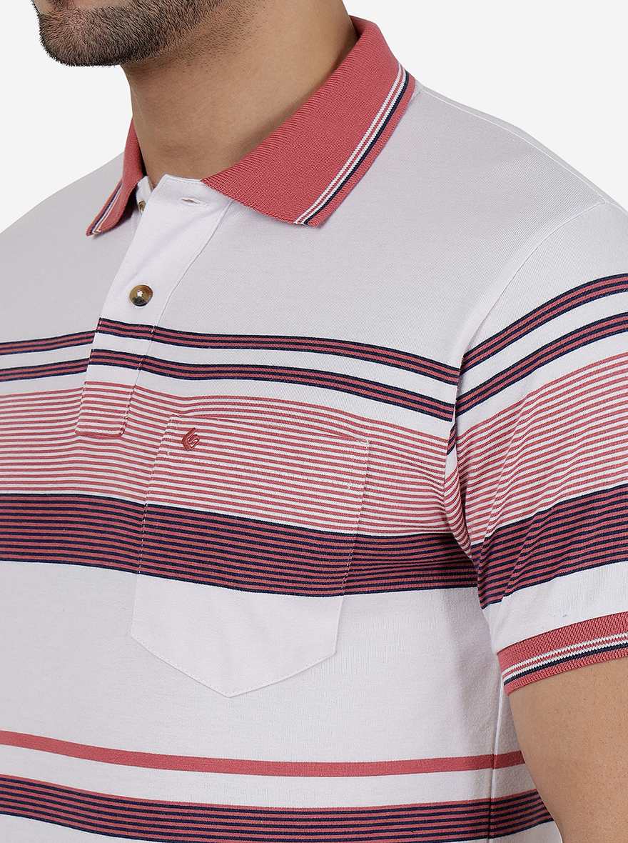 White & Pink Striped Slim Fit Polo T-Shirt | Greenfibre