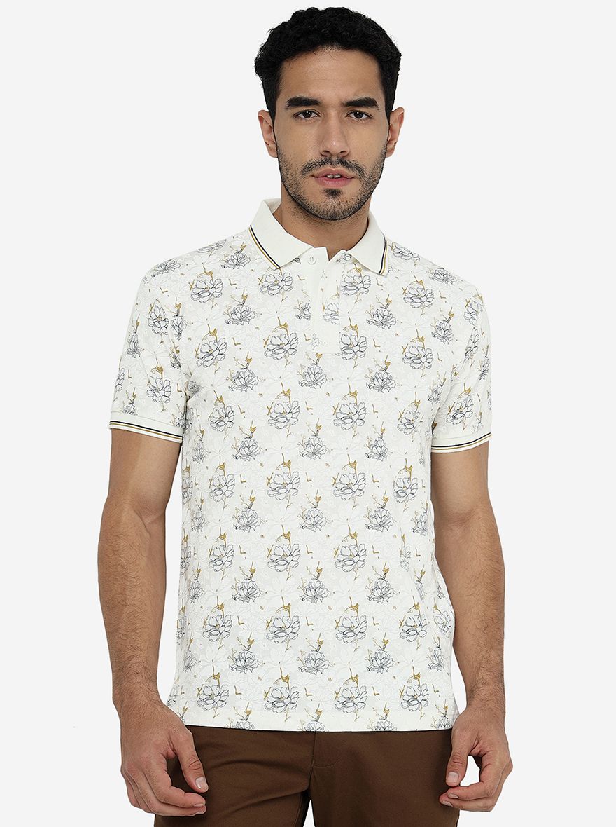 White Printed Slim Fit Polo T-Shirt | Greenfibre