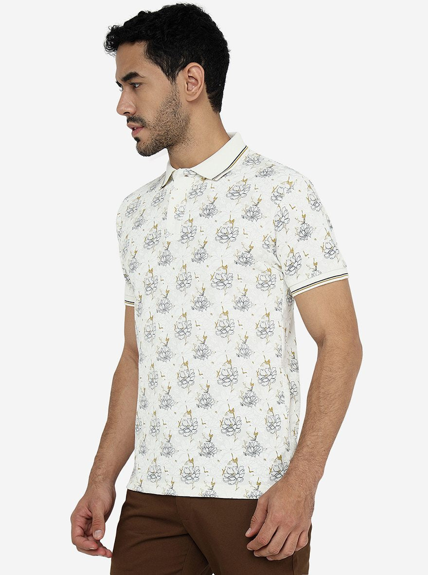 White Printed Slim Fit Polo T-Shirt | Greenfibre