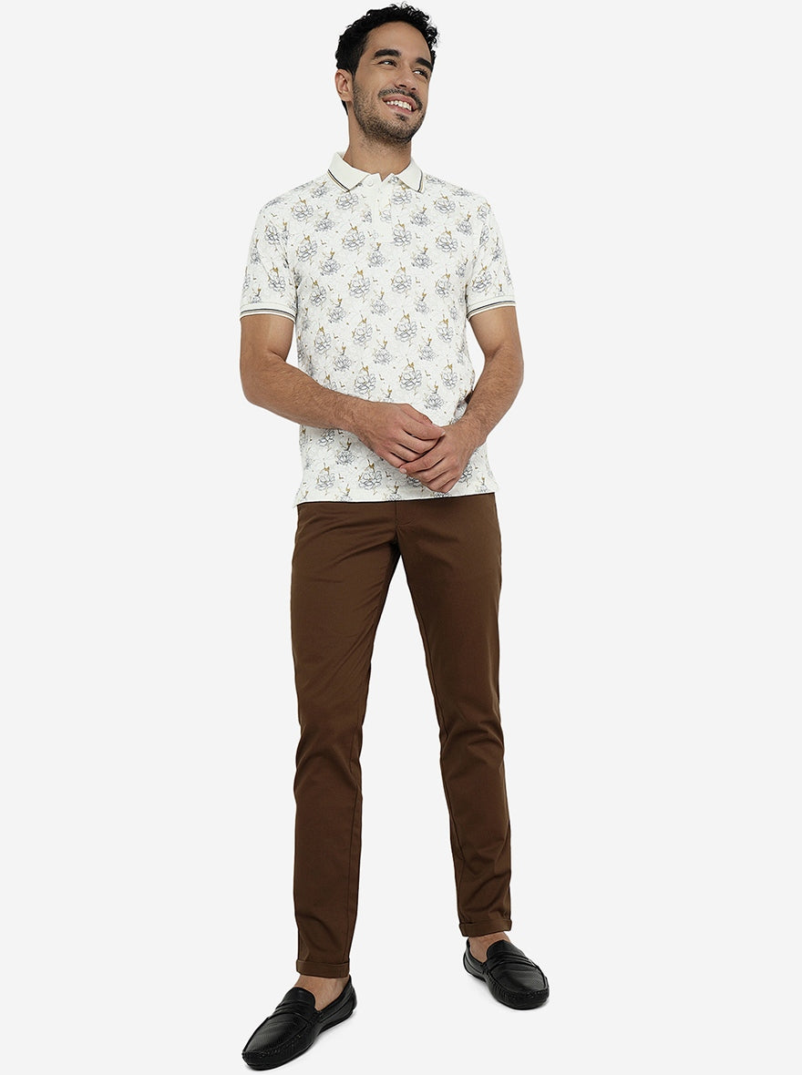 White Printed Slim Fit Polo T-Shirt | Greenfibre