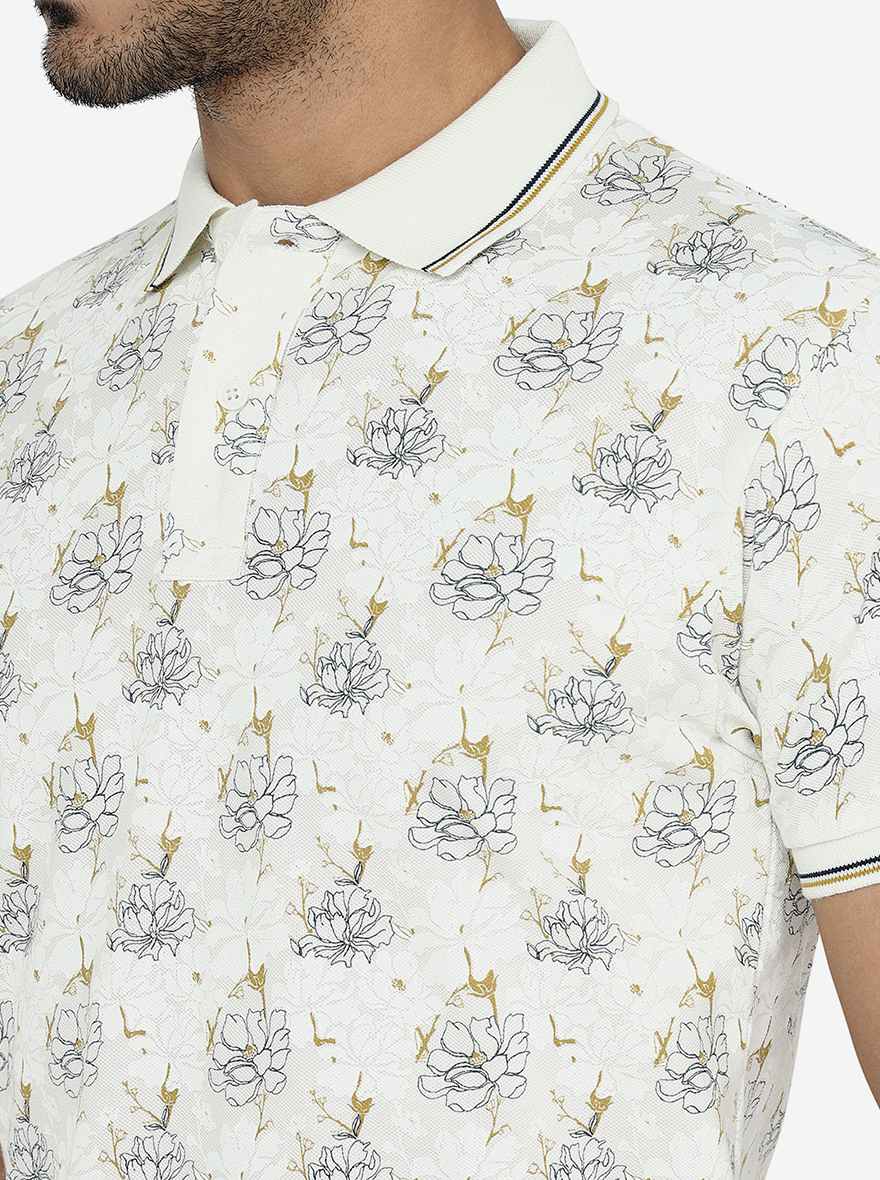 White Printed Slim Fit Polo T-Shirt | Greenfibre