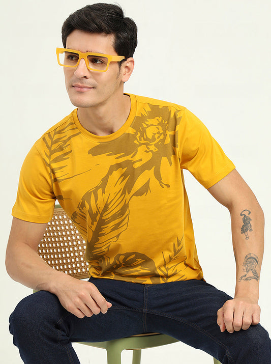 Golden Yellow Printed Slim Fit T-Shirt | Greenfibre