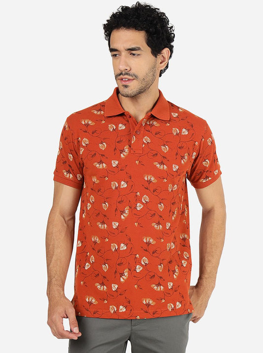 Bombay Brown Printed Slim Fit Polo T-Shirt | Greenfibre