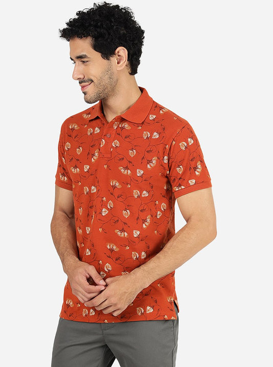 Bombay Brown Printed Slim Fit Polo T-Shirt | Greenfibre