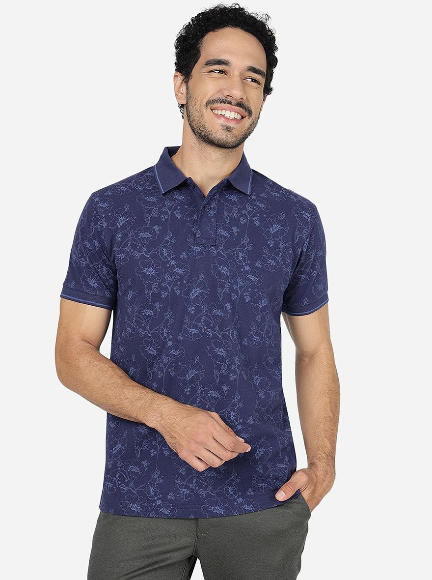 Estate Blue Printed Slim Fit Polo T-Shirt | Greenfibre