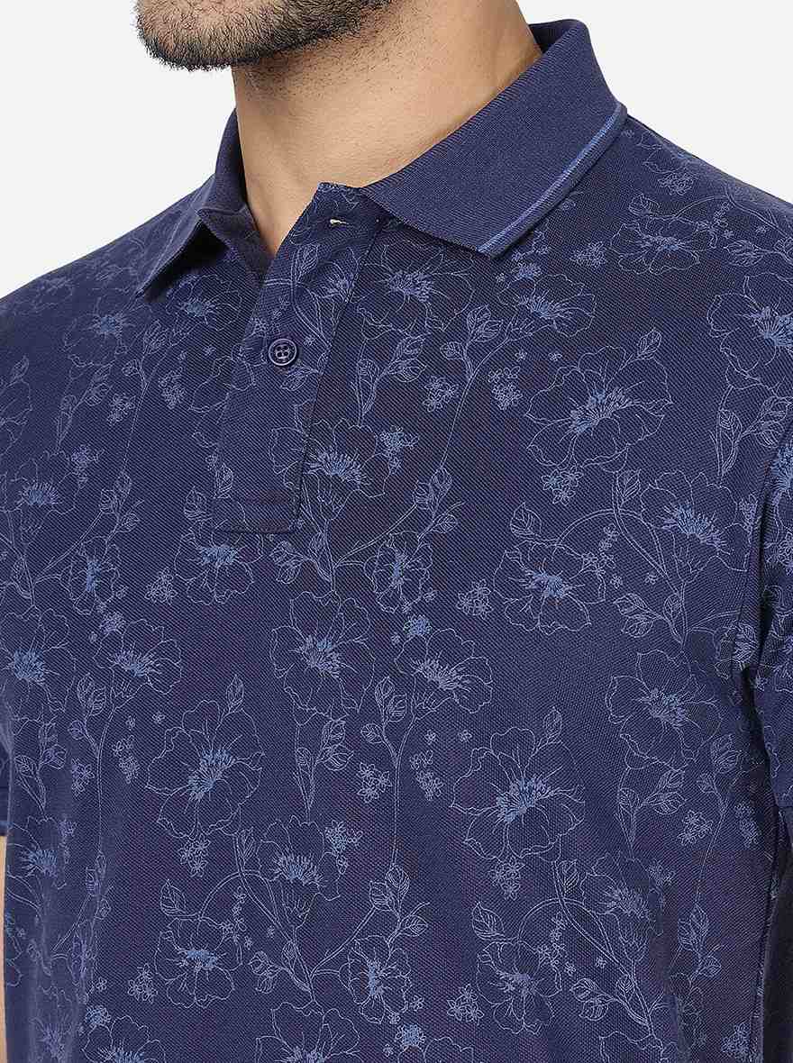 Estate Blue Printed Slim Fit Polo T-Shirt | Greenfibre