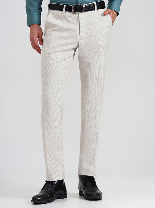 Cream Printed Slim Fit Formal Trouser | Greenfibre