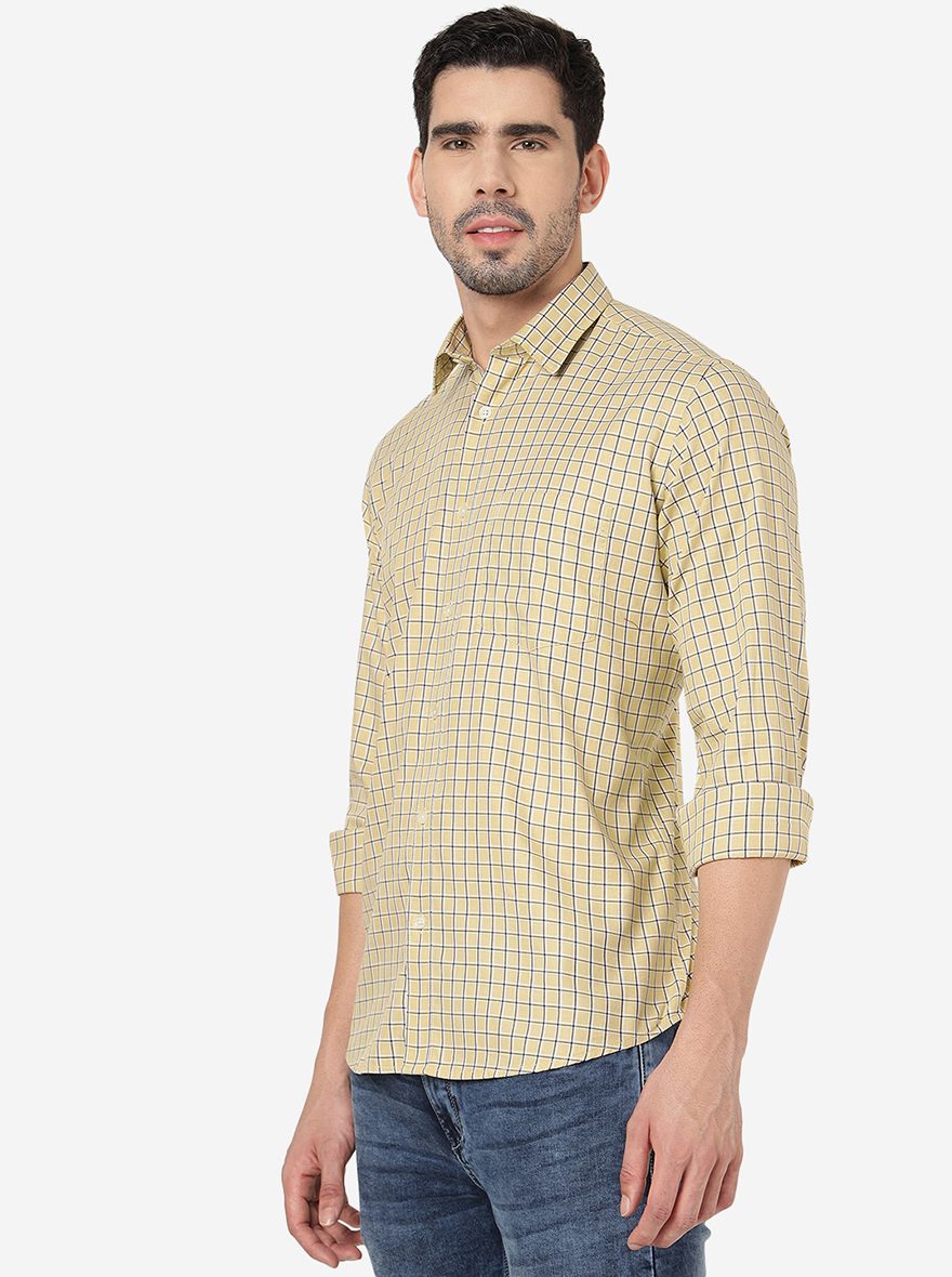 Cream Checked Smart Fit Semi Casual Shirt | Greenfibre