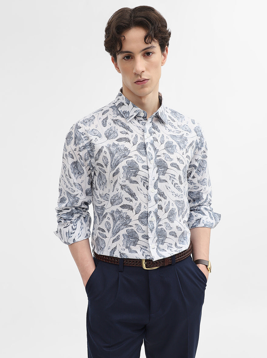 Blue Printed Slim Fit Casual Shirt | Greenfibre