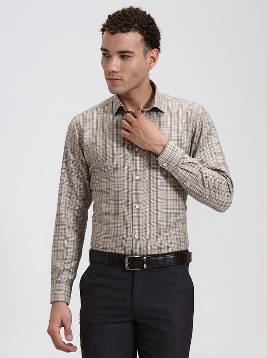 Fawn Checked Slim Fit Formal Shirt | Greenfibre