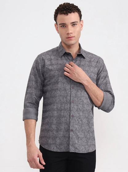 Grey Printed Slim Fit Casual Shirt | Greenfibre