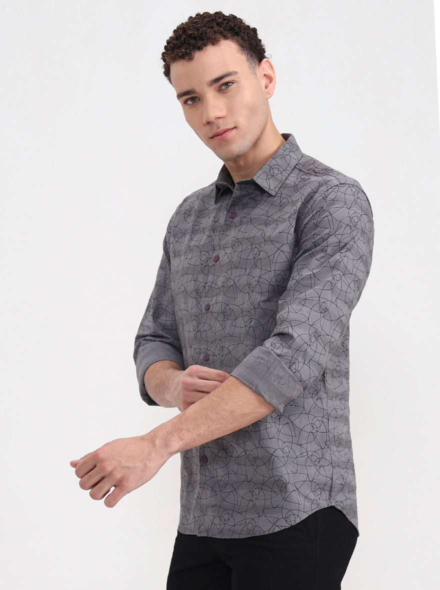 Grey Printed Slim Fit Casual Shirt | Greenfibre