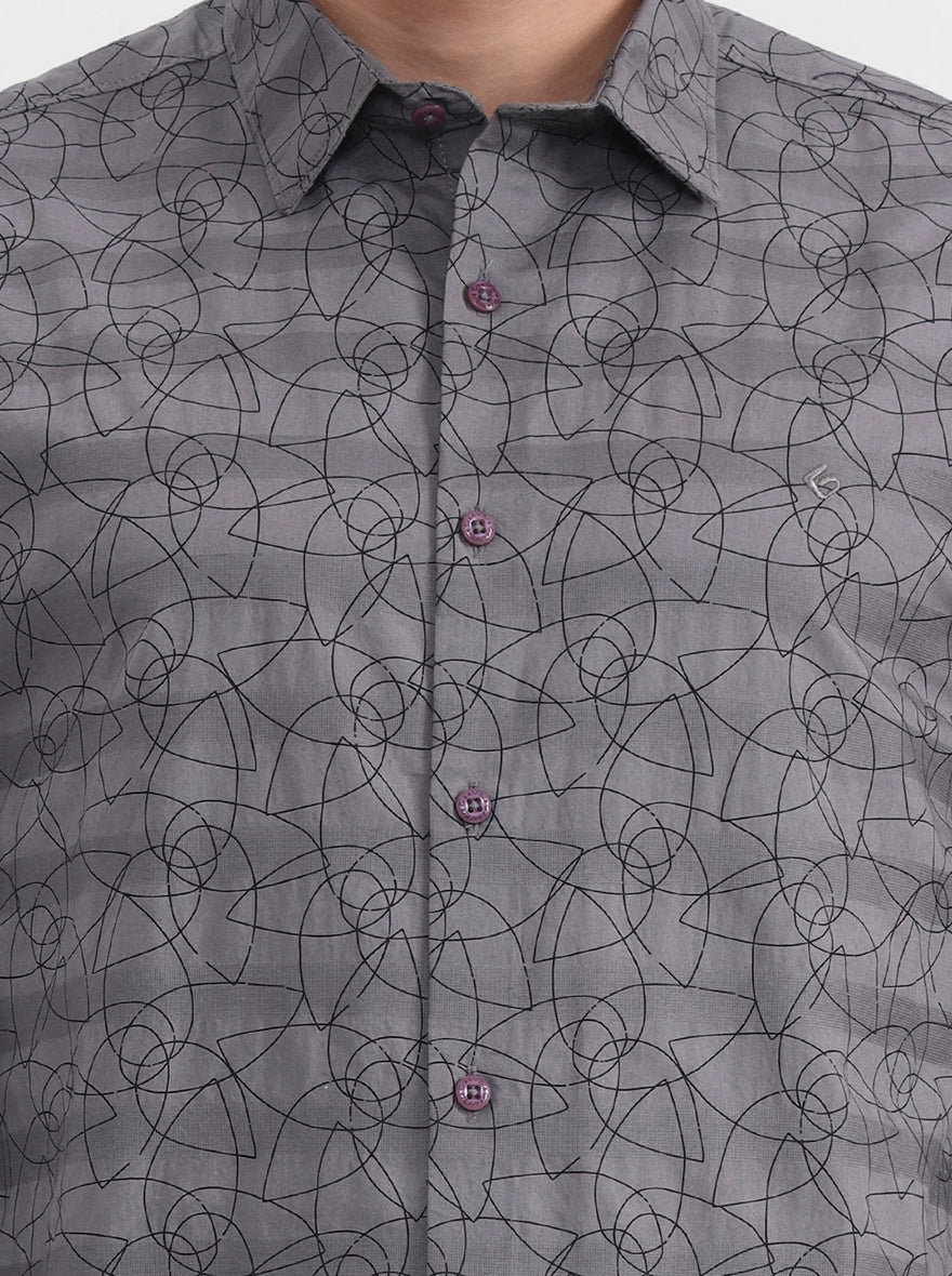 Grey Printed Slim Fit Casual Shirt | Greenfibre