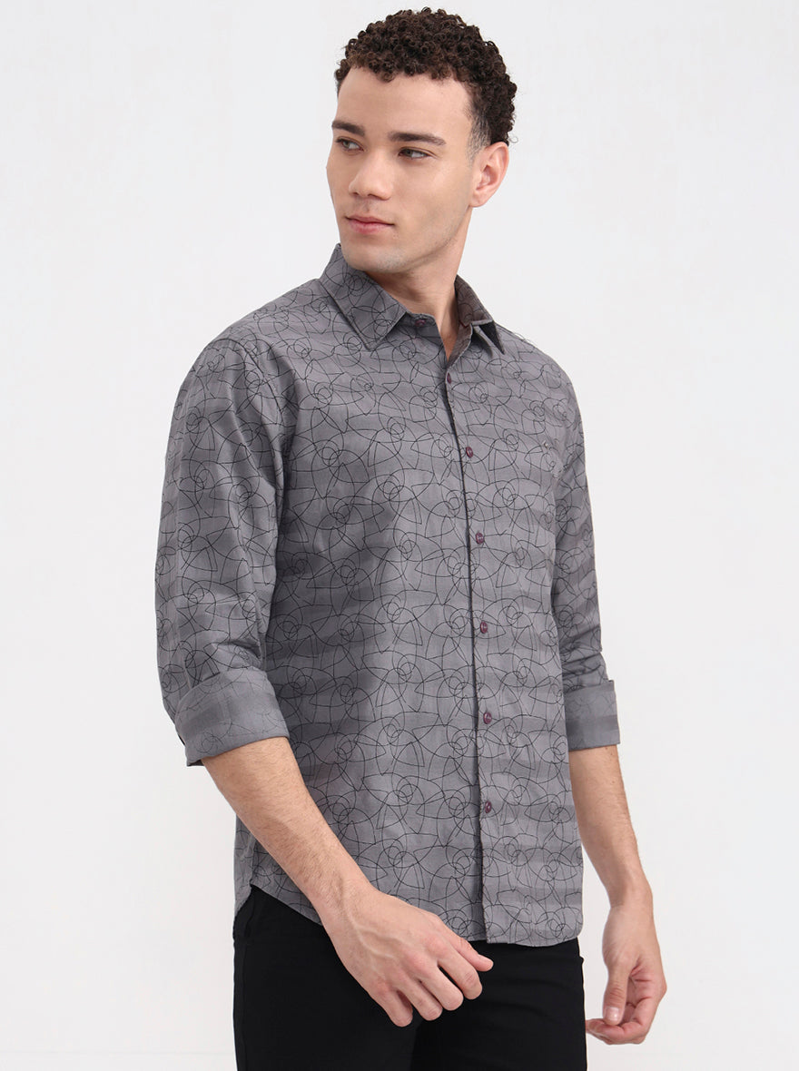 Grey Printed Slim Fit Casual Shirt | Greenfibre