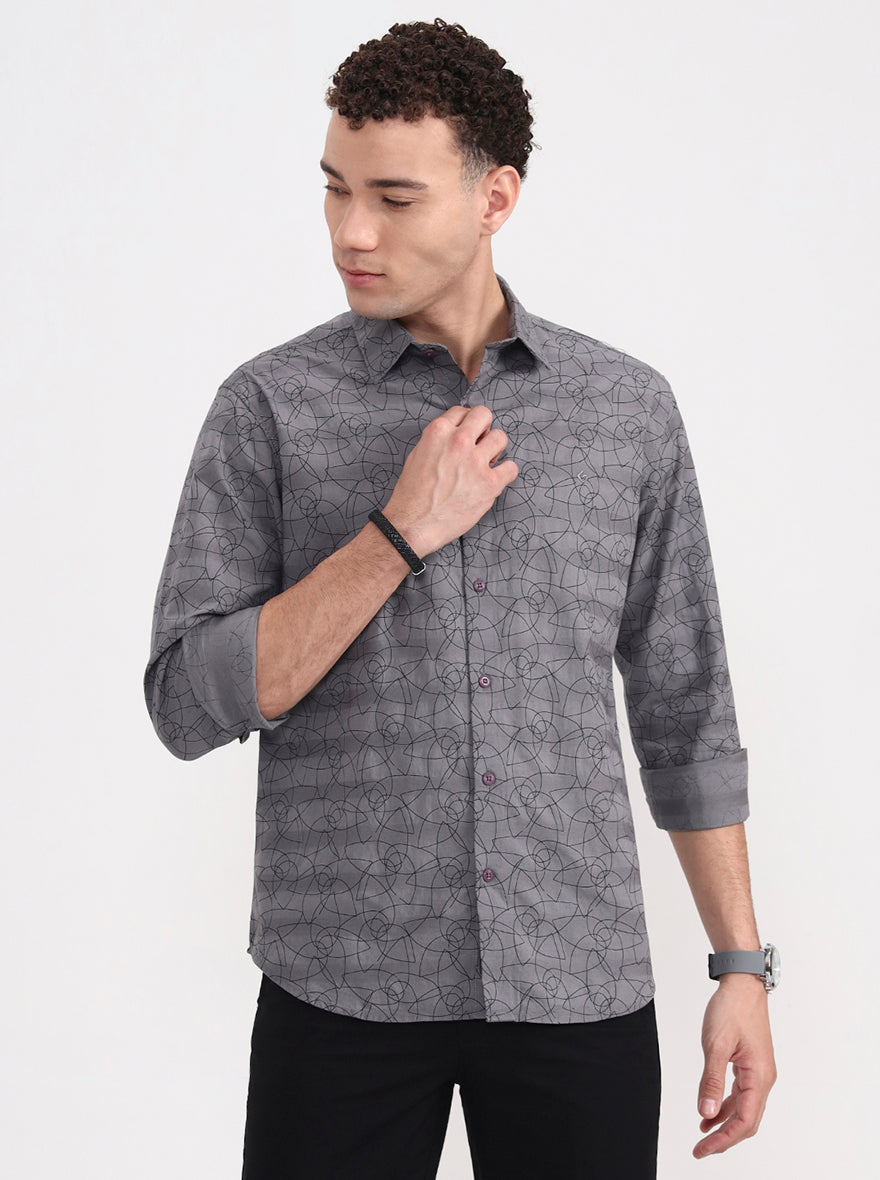 Grey Printed Slim Fit Casual Shirt | Greenfibre