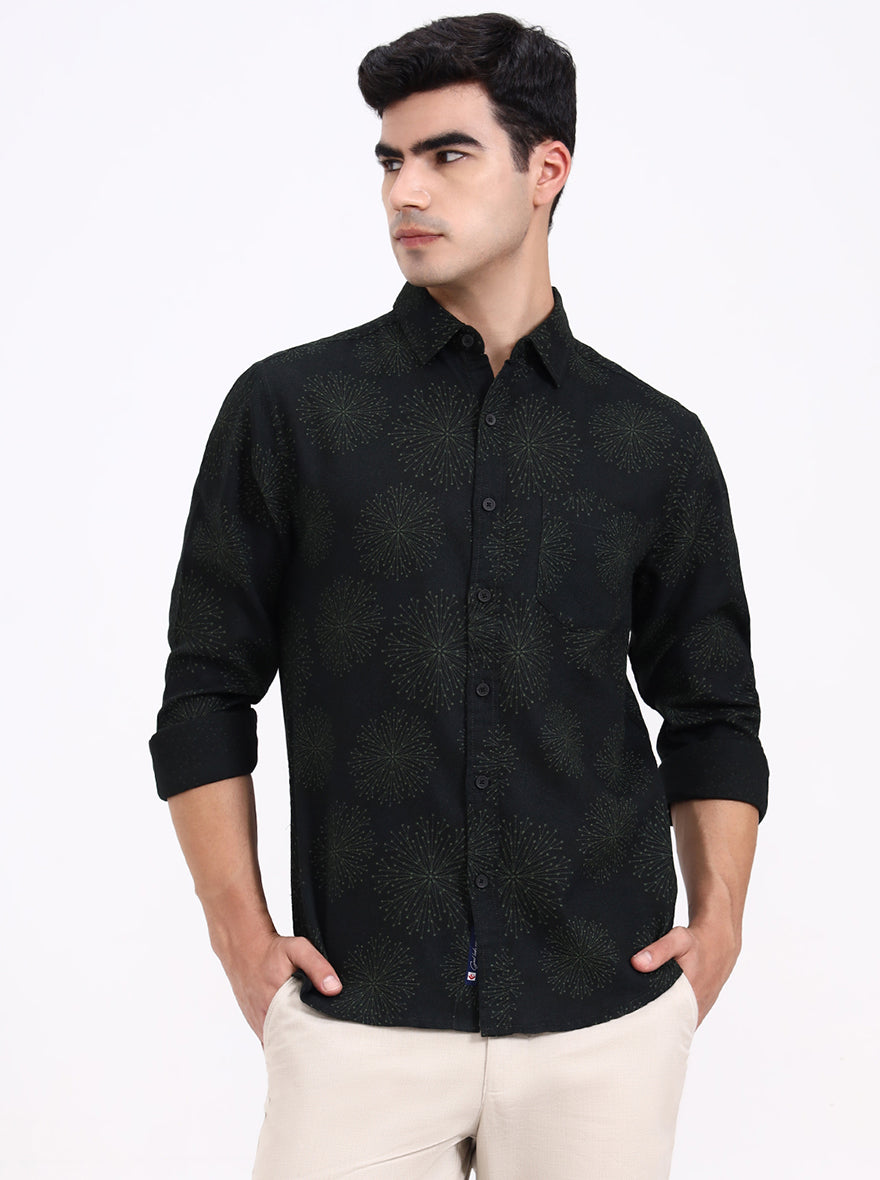 Olive Green Printed Slim Fit Casual Shirt | Greenfibre
