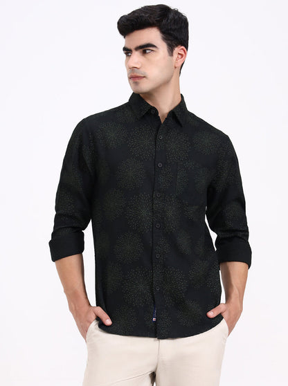 Olive Green Printed Slim Fit Casual Shirt | Greenfibre
