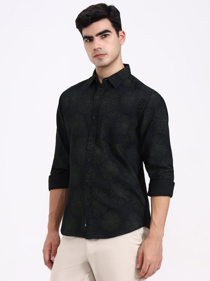 Olive Green Printed Slim Fit Casual Shirt | Greenfibre